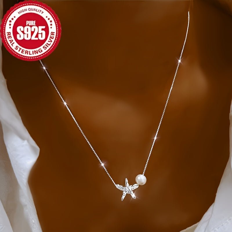 Cat Shop Boys - 925 Pure Silvery Simple Starfish Pearl Women's Pendant Necklace, Low Allergy, Unique Design, Clavicle Chain, Versatile, Gift for Women on Festivals, Jewelry Gifts and Daily Wear