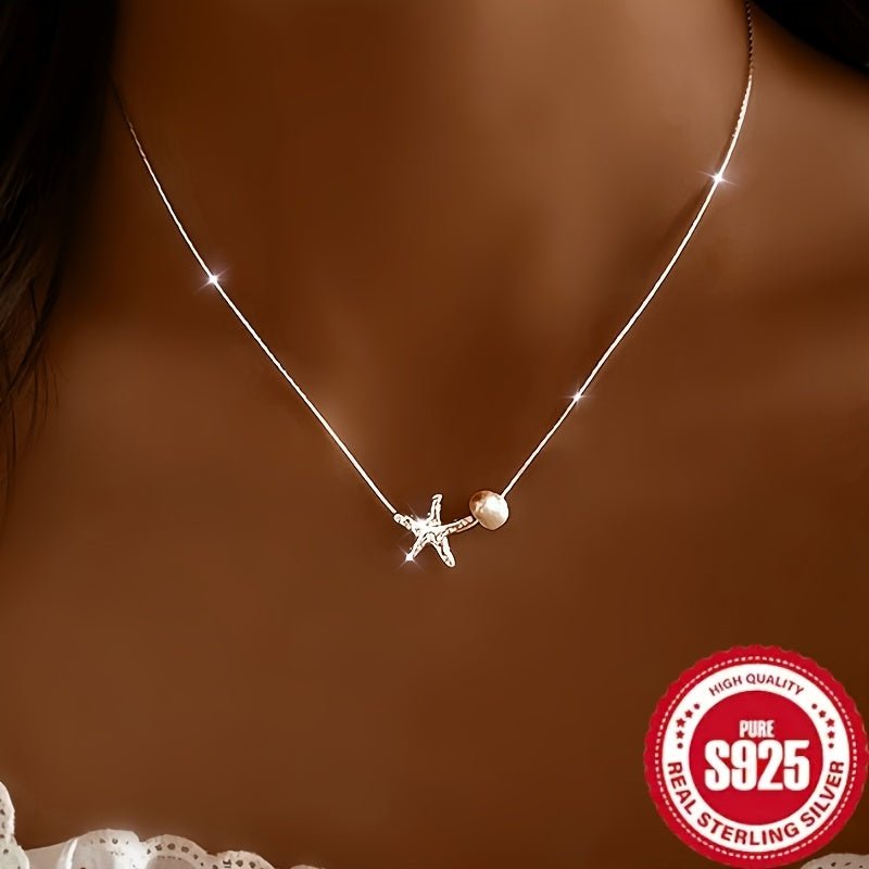 Cat Shop Boys - 925 Pure Silvery Simple Starfish Pearl Women's Pendant Necklace, Low Allergy, Unique Design, Clavicle Chain, Versatile, Gift for Women on Festivals, Jewelry Gifts and Daily Wear