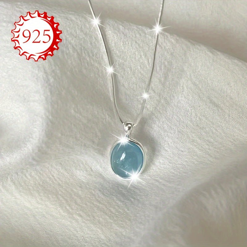 Cat Shop Boys - 925 Silver Low Allergy Necklace, One Pack, Women's Aquamarine Moonstone Necklace, Small Design, High - end Oval Pendant, Clavicle Chain, Gift for Couples, Best Friends, Daily Wedding Banquet, Beach Vacation, Thanksgiving, Chris