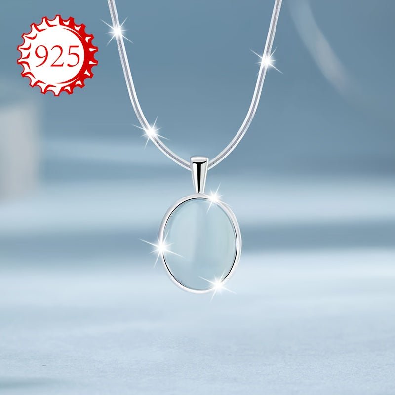 Cat Shop Boys - 925 Silver Low Allergy Necklace, One Pack, Women's Aquamarine Moonstone Necklace, Small Design, High - end Oval Pendant, Clavicle Chain, Gift for Couples, Best Friends, Daily Wedding Banquet, Beach Vacation, Thanksgiving, Chris