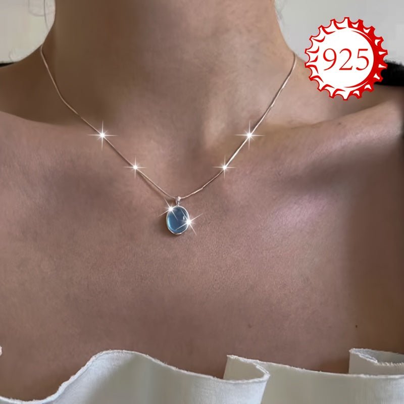 Cat Shop Boys - 925 Silver Low Allergy Necklace, One Pack, Women's Aquamarine Moonstone Necklace, Small Design, High - end Oval Pendant, Clavicle Chain, Gift for Couples, Best Friends, Daily Wedding Banquet, Beach Vacation, Thanksgiving, Chris