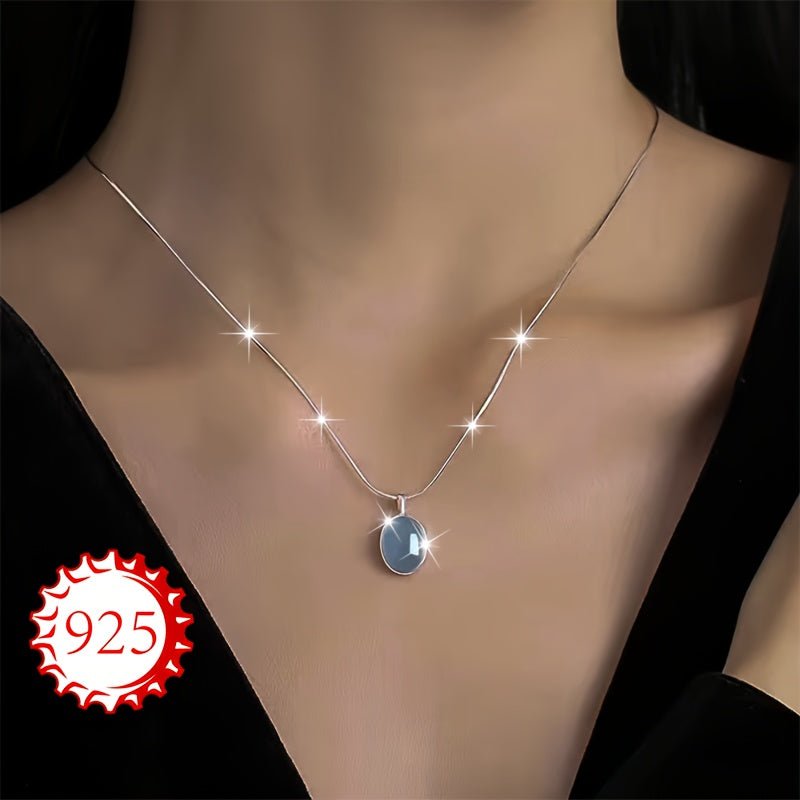 Cat Shop Boys - 925 Silver Low Allergy Necklace, One Pack, Women's Aquamarine Moonstone Necklace, Small Design, High - end Oval Pendant, Clavicle Chain, Gift for Couples, Best Friends, Daily Wedding Banquet, Beach Vacation, Thanksgiving, Chris