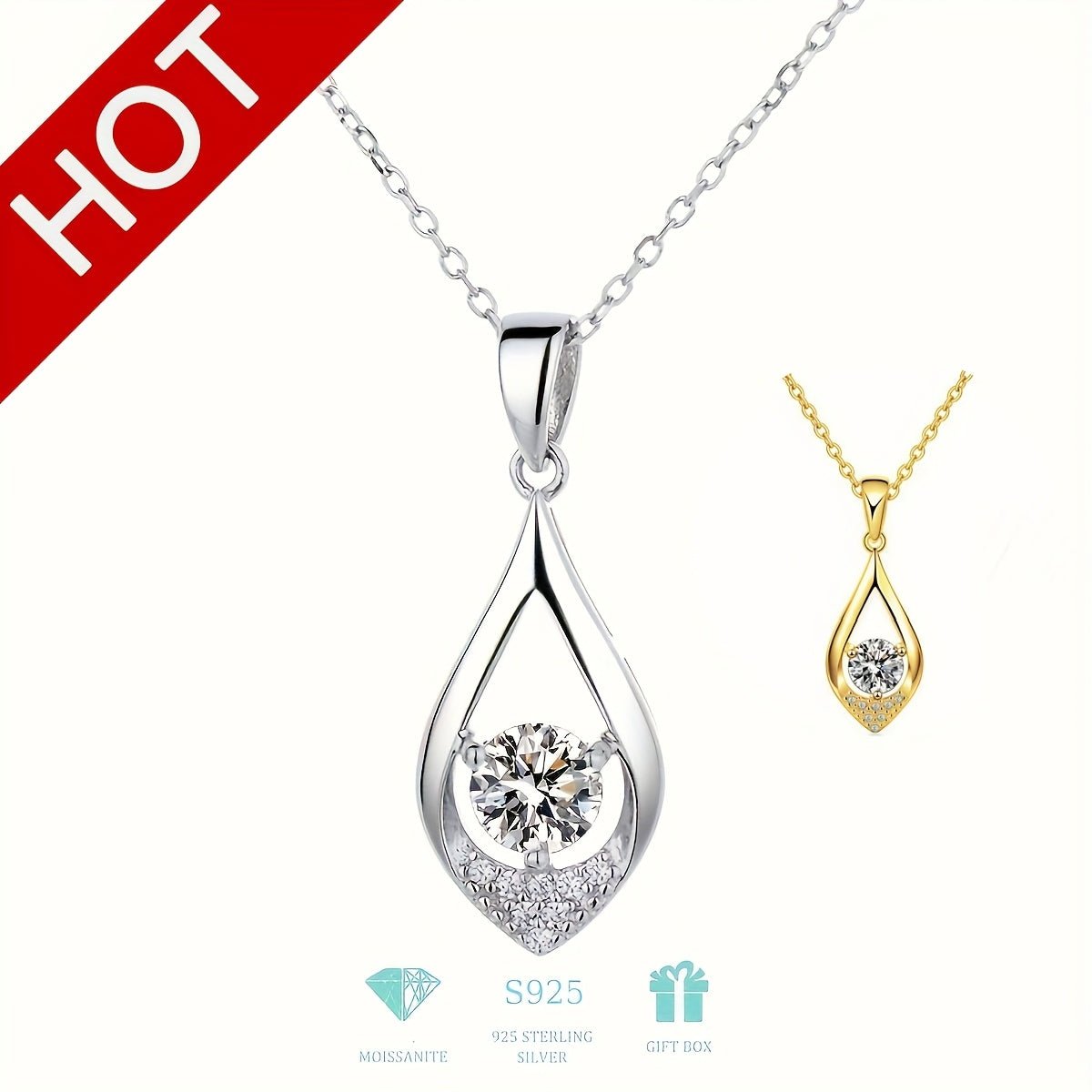 Cat Shop Boys - 925 Silver Moissanite Water Drop Pendant Necklace and Clavicle Chain, White Artifact, Gift for Mother, Grandma, Wife, Girlfriend, Daughter, Mother's Day, Anniversary, Birthday