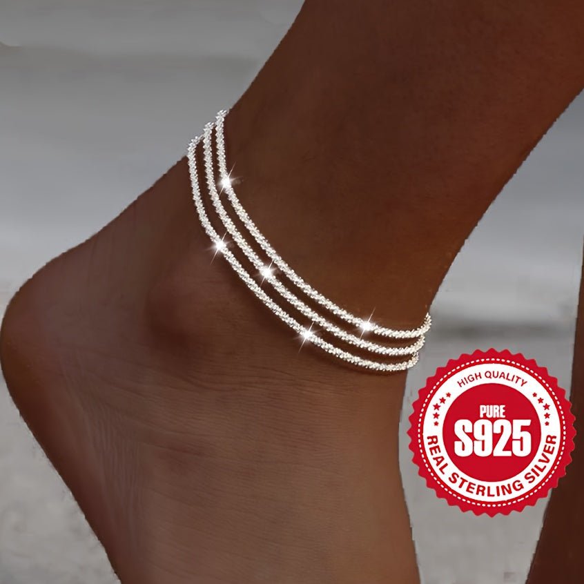 Cat Shop Boys - 925 Sterling Silver Triple Shimmering Ankle Ring, Perfect for Holiday Gifts, Non Allergenic Elegant S925 Sterling Silver Triple Shimmering Ankle Ring/ Wrist Ring, Hypoallergenic, Adjustable Chain, Suitable for Gifts, Beaches,