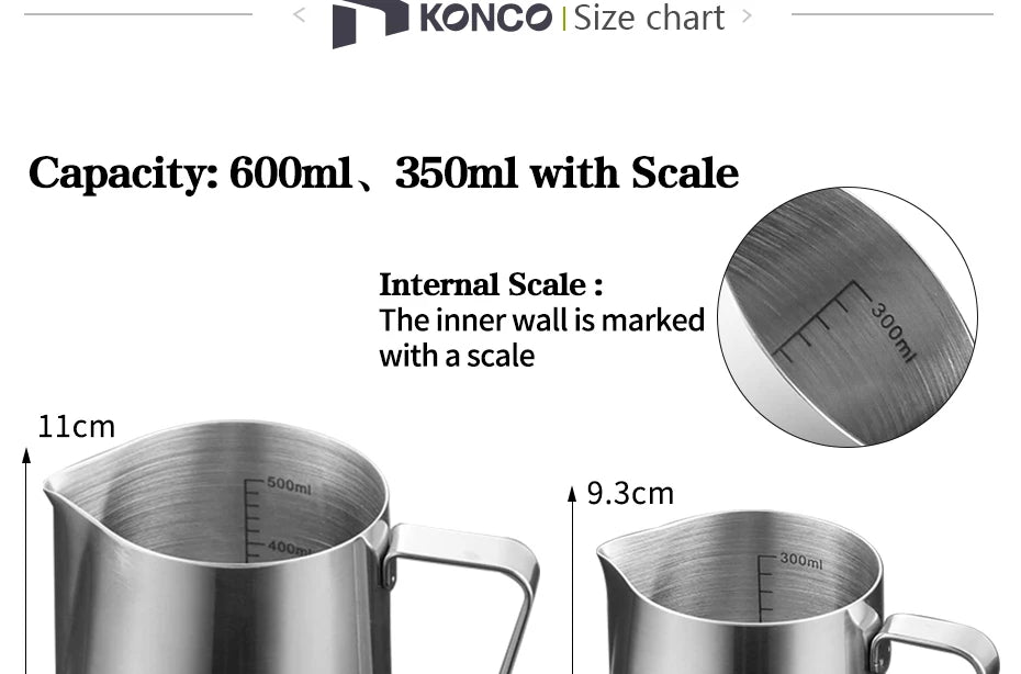 KONCO Inner Scale Espresso Coffee Milk Frothing Pitcher Stainless Steel Creamer Macchiato Cappuccino Latte Art Maker Pitcher Cup