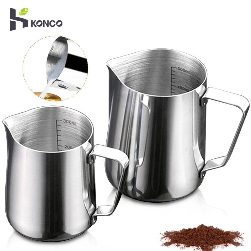 KONCO Inner Scale Espresso Coffee Milk Frothing Pitcher Stainless Steel Creamer Macchiato Cappuccino Latte Art Maker Pitcher Cup