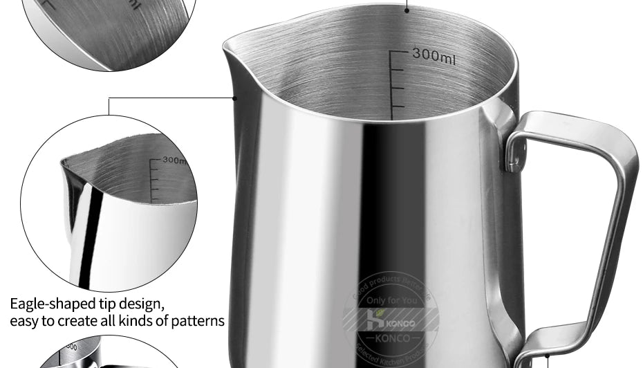 KONCO Inner Scale Espresso Coffee Milk Frothing Pitcher Stainless Steel Creamer Macchiato Cappuccino Latte Art Maker Pitcher Cup