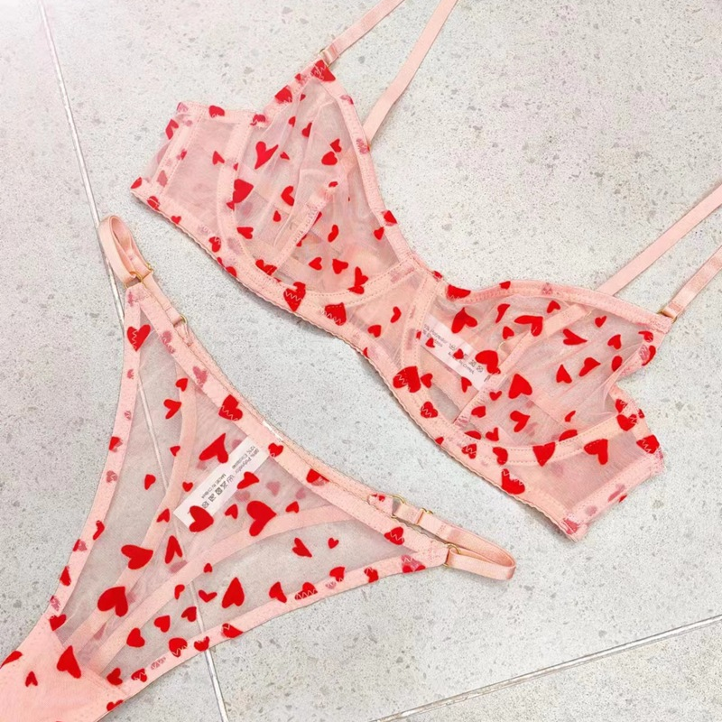 Cat Shop Boys - Flocked Printed Heart - Shaped Women's Intimates Ultra - Thin Bra Lace Sexy Steel Ring Push - up Thin Bra Set