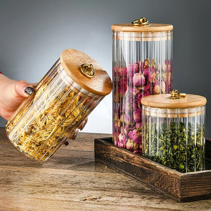 Wood Lid Glass Airtight Canister Kitchen Storage Bottles Jars Food Container Grains Tea Coffee Beans Grains Candy Jar Containers