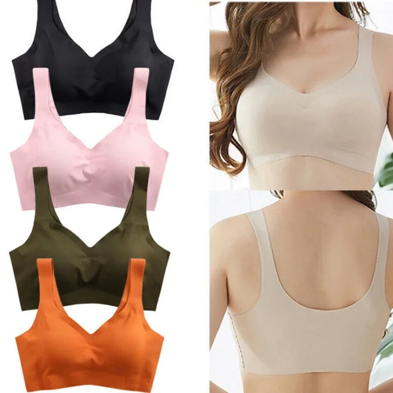 New Women Ice Silk Seamless Bra Removable Chest Pad Lifting Bralette Underwear No Steel Ring Breathable Push Up Yoga Vest Bras