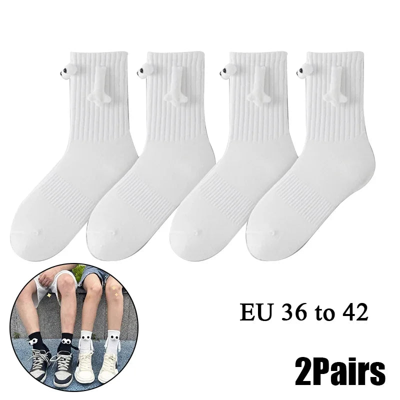 Cat Shop Boys - 2 Pairs Magnetic Socks with Hands Women Men Fashion Black White Funny Cute Cartoon Eyes Couple Mid - tube Socks for Gifts