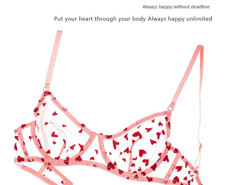 Cat Shop Boys - Flocked Printed Heart - Shaped Women's Intimates Ultra - Thin Bra Lace Sexy Steel Ring Push - up Thin Bra Set