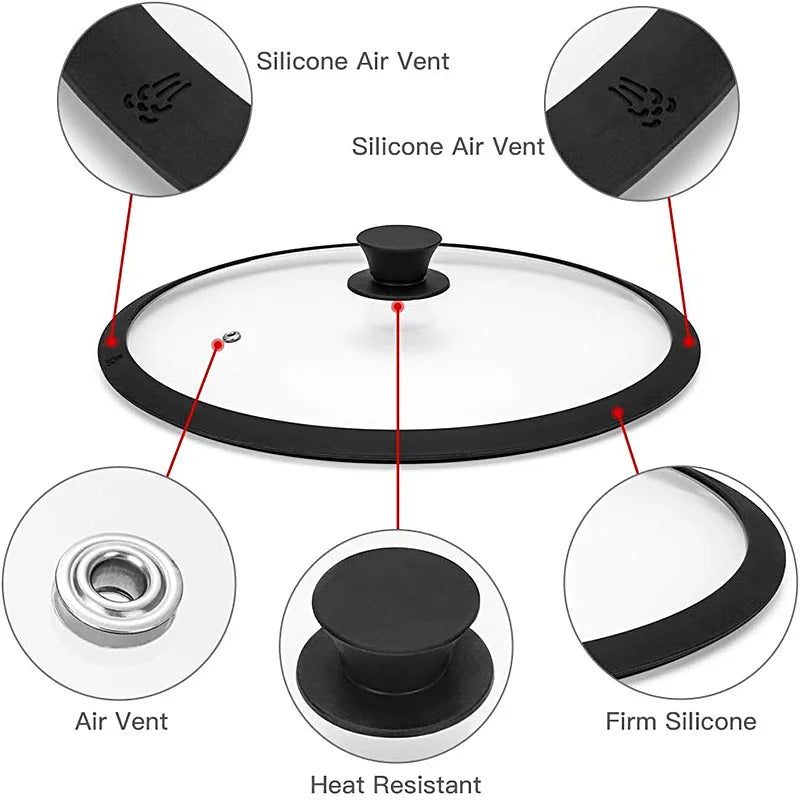 Multi Size Universal Lid for Pots Pans Cookware Tempered Glass Lid for Skillets with Silicone Rim Replacement Lid for Frying Pan