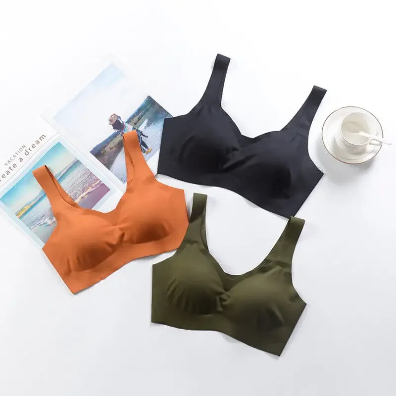 New Women Ice Silk Seamless Bra Removable Chest Pad Lifting Bralette Underwear No Steel Ring Breathable Push Up Yoga Vest Bras