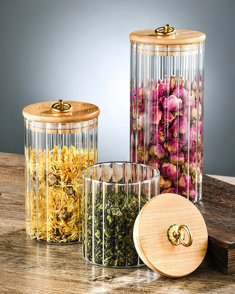 Wood Lid Glass Airtight Canister Kitchen Storage Bottles Jars Food Container Grains Tea Coffee Beans Grains Candy Jar Containers