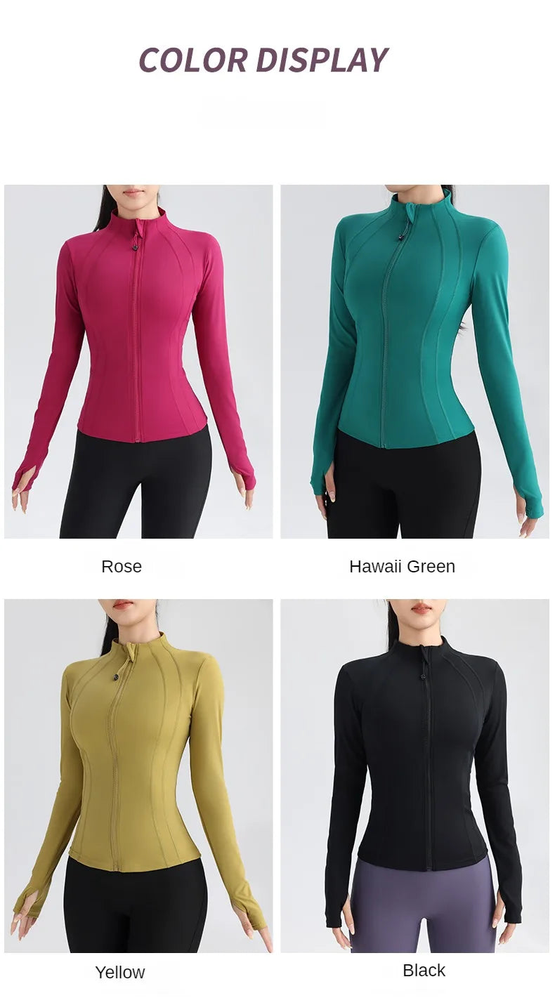 Gym Women's Full Zip Yoga Top With Thumbholes Fitness Running Jacket Stretch Fit Long Sleeve Round Neck Top Sportswear