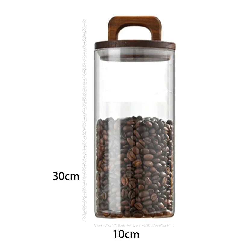 700-2100ml Wood Lid Glass Jar 1pc Airtight Canister Food Container Coffee Beans Kitchen Storage Bottles Sealed Grounds Large Set