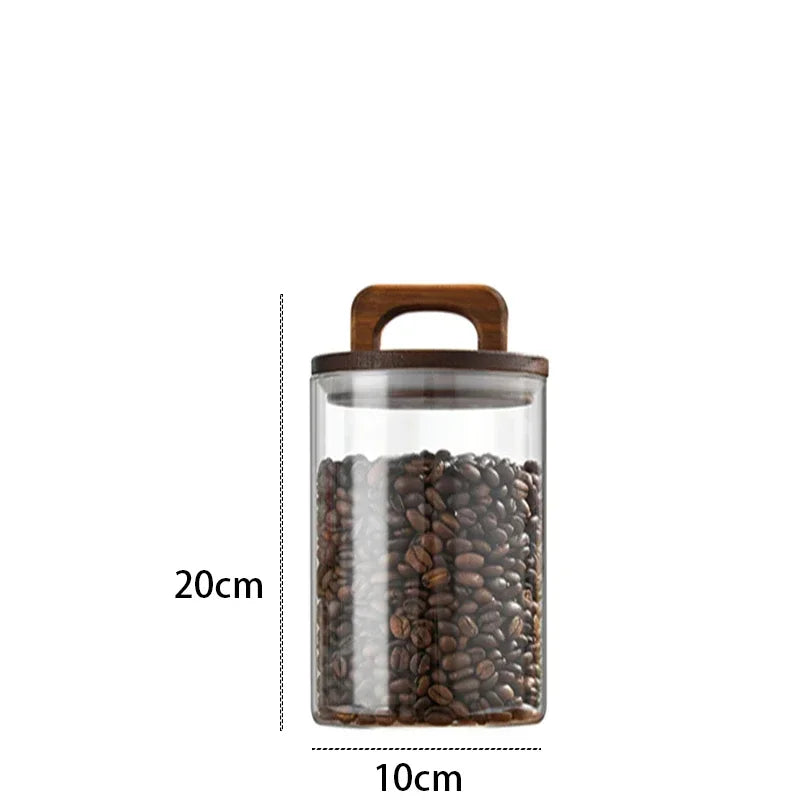 700-2100ml Wood Lid Glass Jar 1pc Airtight Canister Food Container Coffee Beans Kitchen Storage Bottles Sealed Grounds Large Set