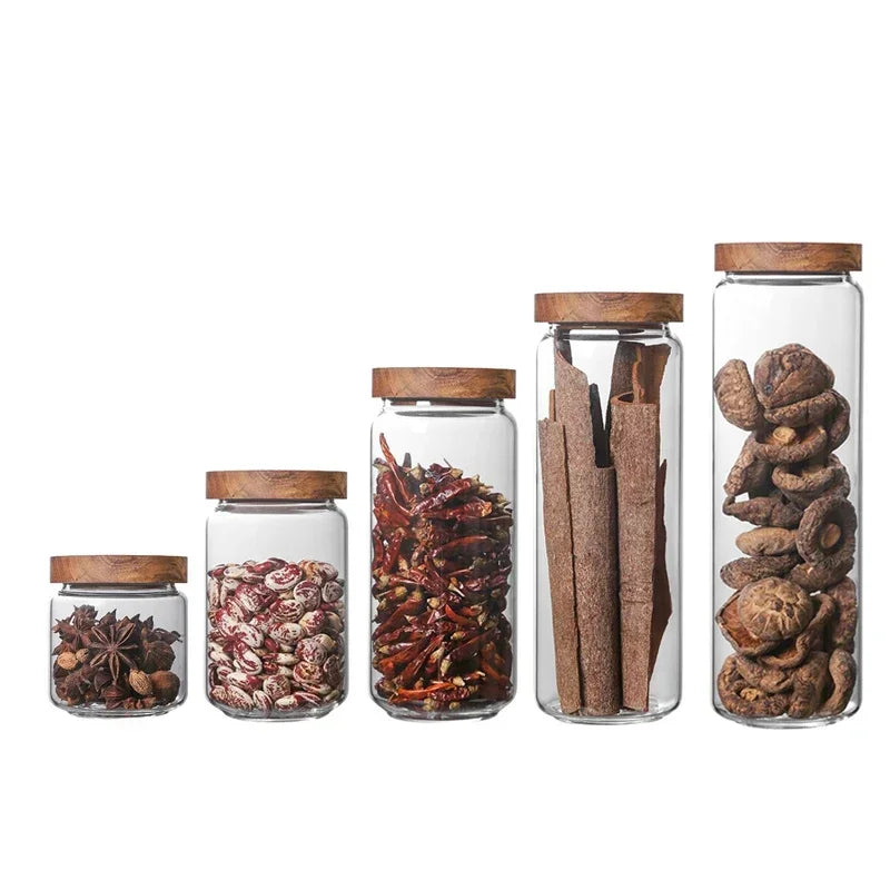 Wood Lid Orgnizer Glass Airtight Canister Kitchen Storage Bottles Jar Sealed Food Container Ginger Cereal Dispenser Stash Cans