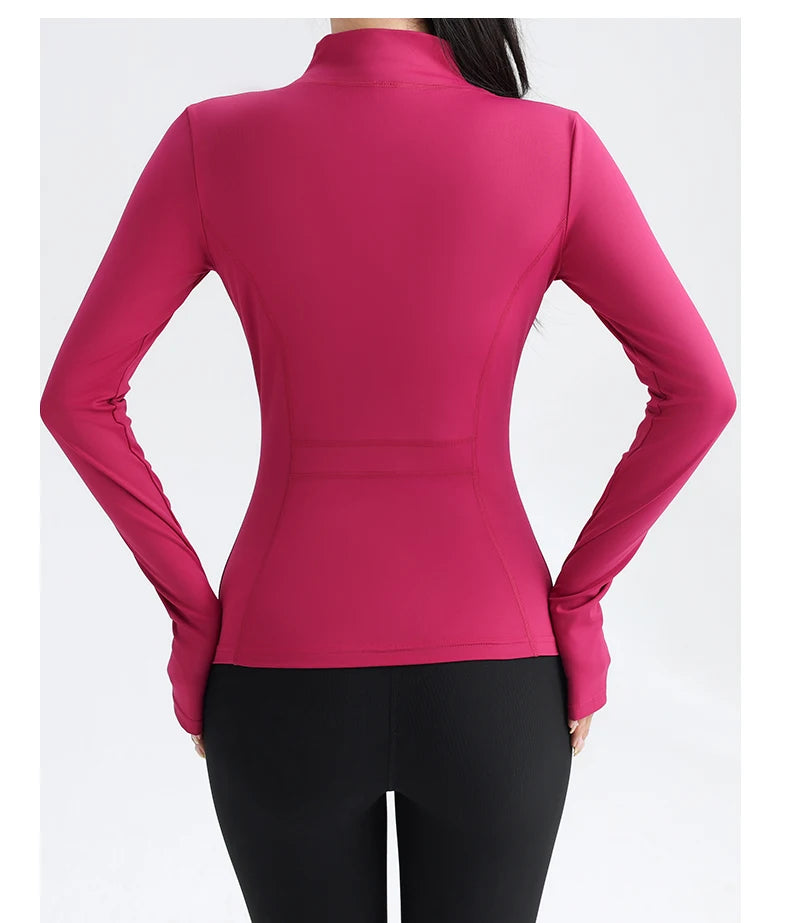 Gym Women's Full Zip Yoga Top With Thumbholes Fitness Running Jacket Stretch Fit Long Sleeve Round Neck Top Sportswear