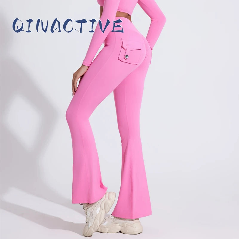 QINACTIVE Fashion Back Pocket  Flared Pants Women Tight-Fit Sexy Slim High Waist Pants Push Up Sport Fitness Flare Leggings