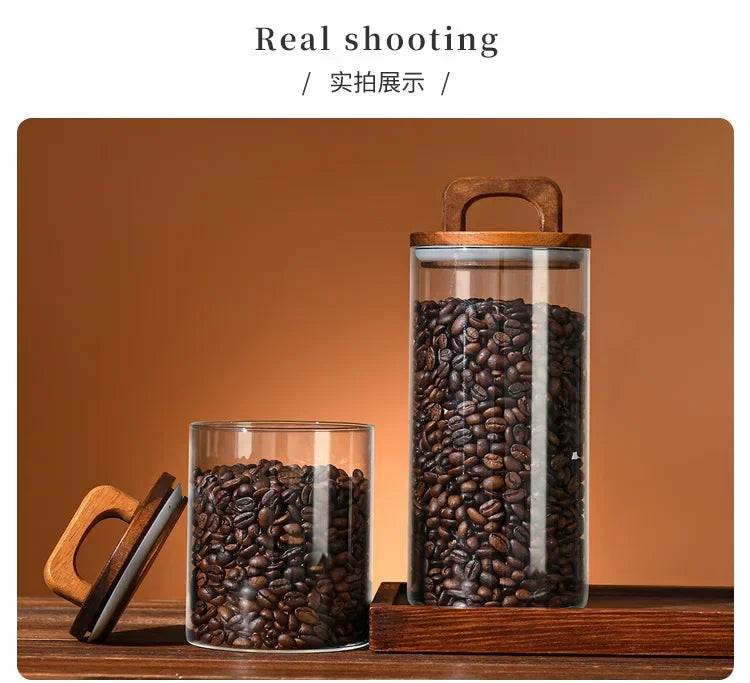 700-2100ml Wood Lid Glass Jar 1pc Airtight Canister Food Container Coffee Beans Kitchen Storage Bottles Sealed Grounds Large Set