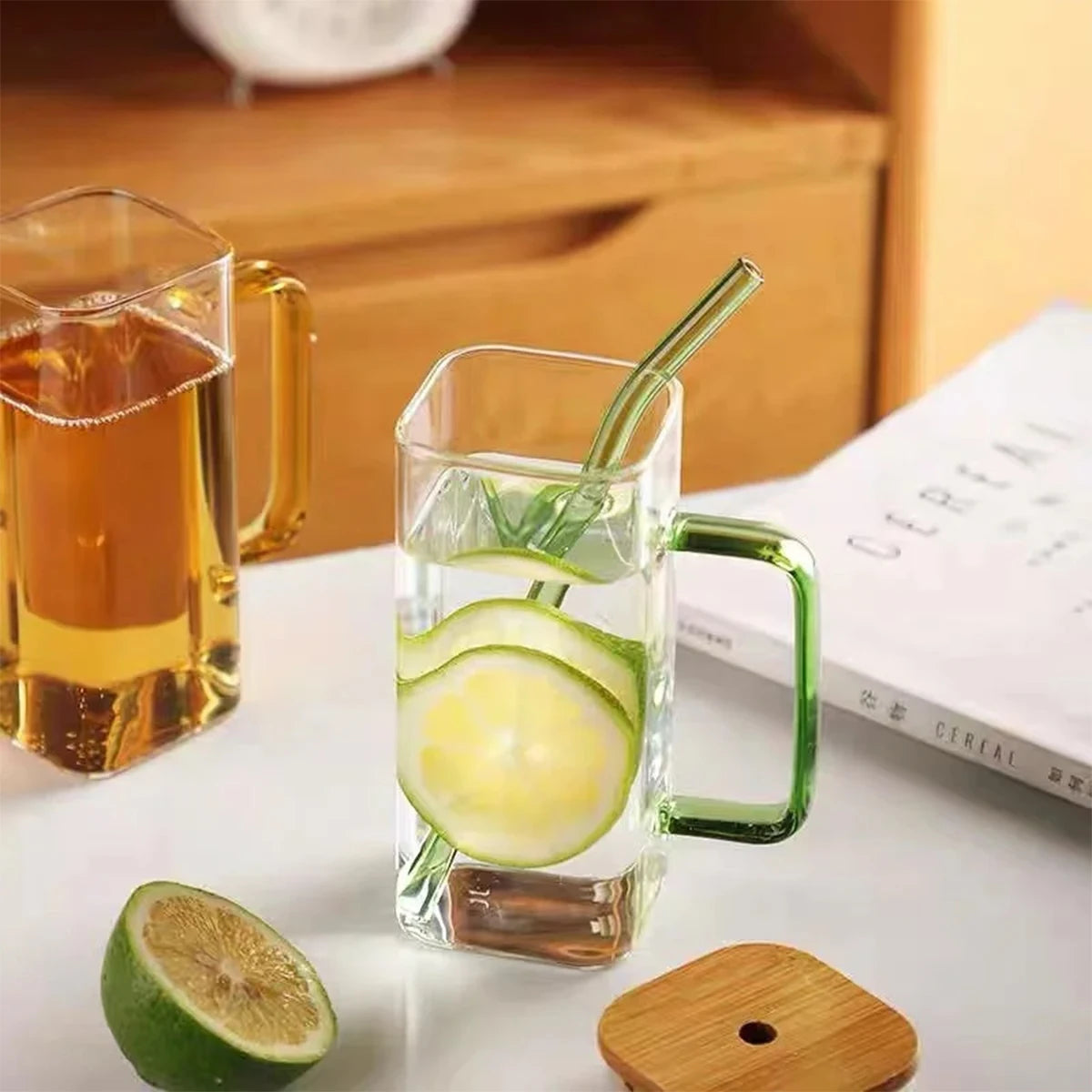 1PC 400ml Square Glass Mug With Lid Straw Heat Resistant Ice Coffee Mug Drinkware Glass