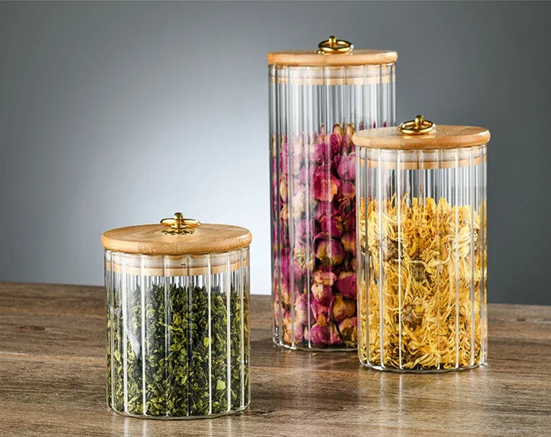 Wood Lid Glass Airtight Canister Kitchen Storage Bottles Jars Food Container Grains Tea Coffee Beans Grains Candy Jar Containers