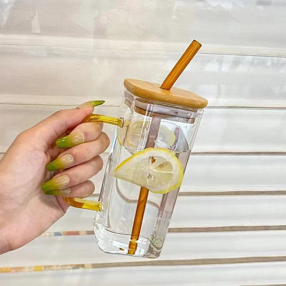 1PC 400ml Square Glass Mug With Lid Straw Heat Resistant Ice Coffee Mug Drinkware Glass