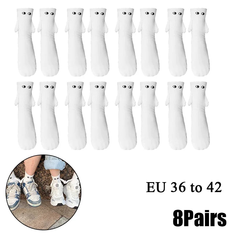 Cat Shop Boys - 2 Pairs Magnetic Socks with Hands Women Men Fashion Black White Funny Cute Cartoon Eyes Couple Mid - tube Socks for Gifts