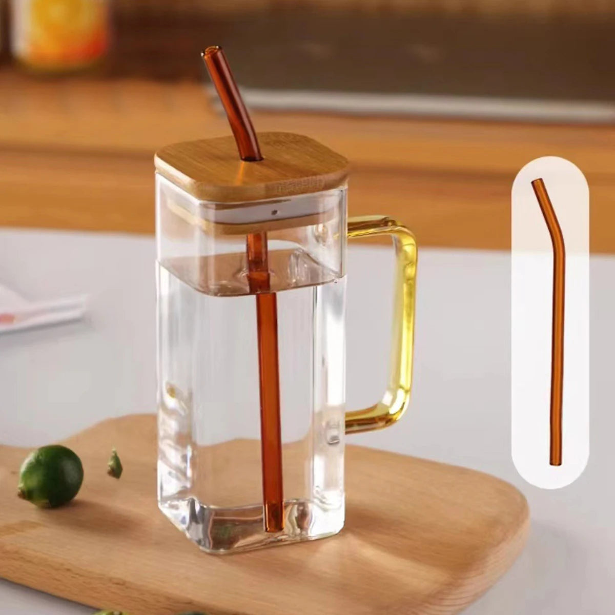 1PC 400ml Square Glass Mug With Lid Straw Heat Resistant Ice Coffee Mug Drinkware Glass