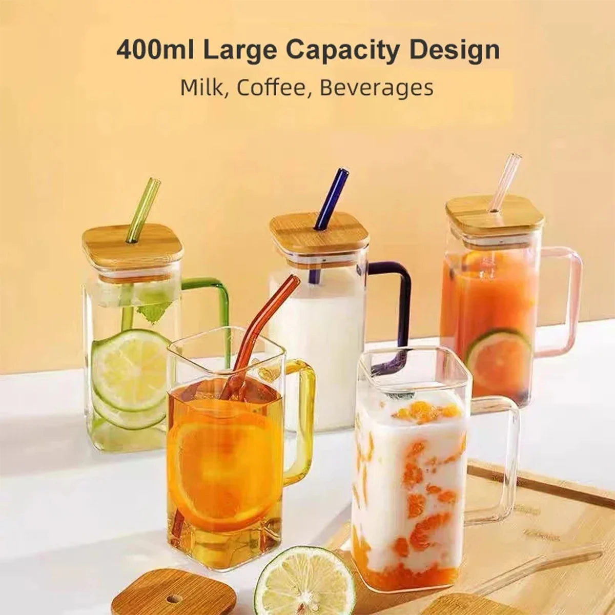 1PC 400ml Square Glass Mug With Lid Straw Heat Resistant Ice Coffee Mug Drinkware Glass