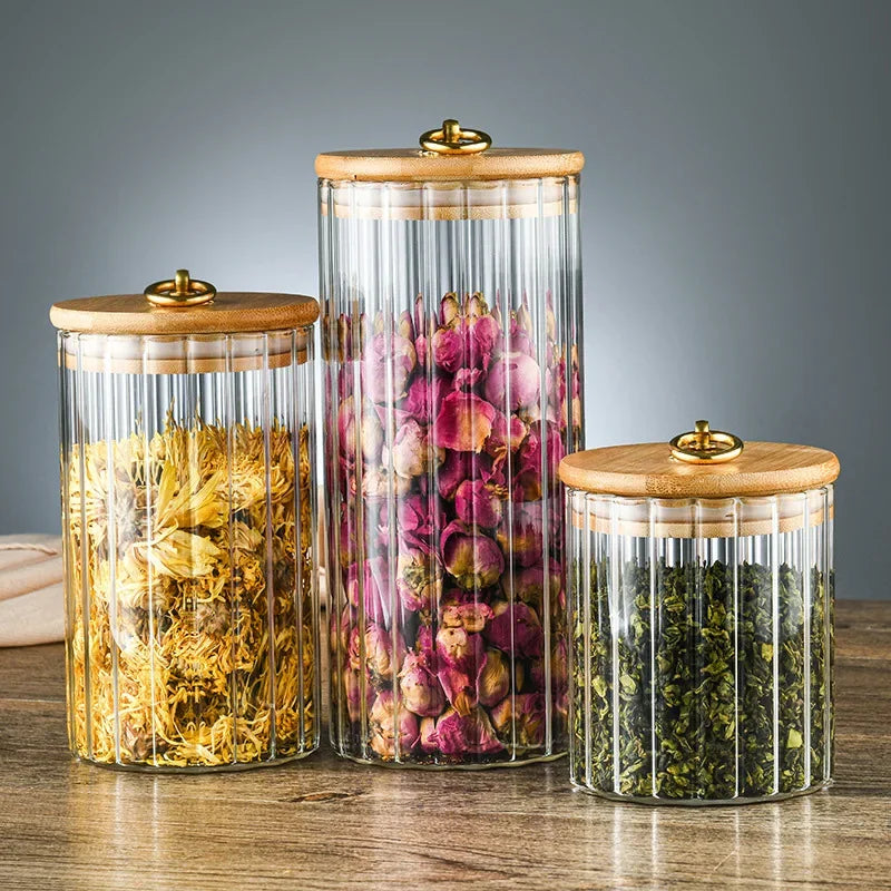 Wood Lid Glass Airtight Canister Kitchen Storage Bottles Jars Food Container Grains Tea Coffee Beans Grains Candy Jar Containers