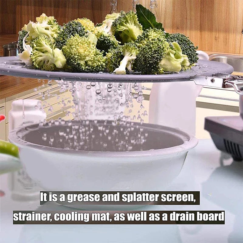 Silicone Kitchen Splatter Screen with Handle Heat-resisting Oil Splash Guard Drain Board Cover Kitchen Frying Pan Lid