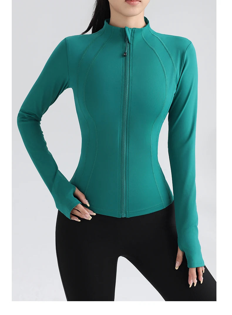 Gym Women's Full Zip Yoga Top With Thumbholes Fitness Running Jacket Stretch Fit Long Sleeve Round Neck Top Sportswear