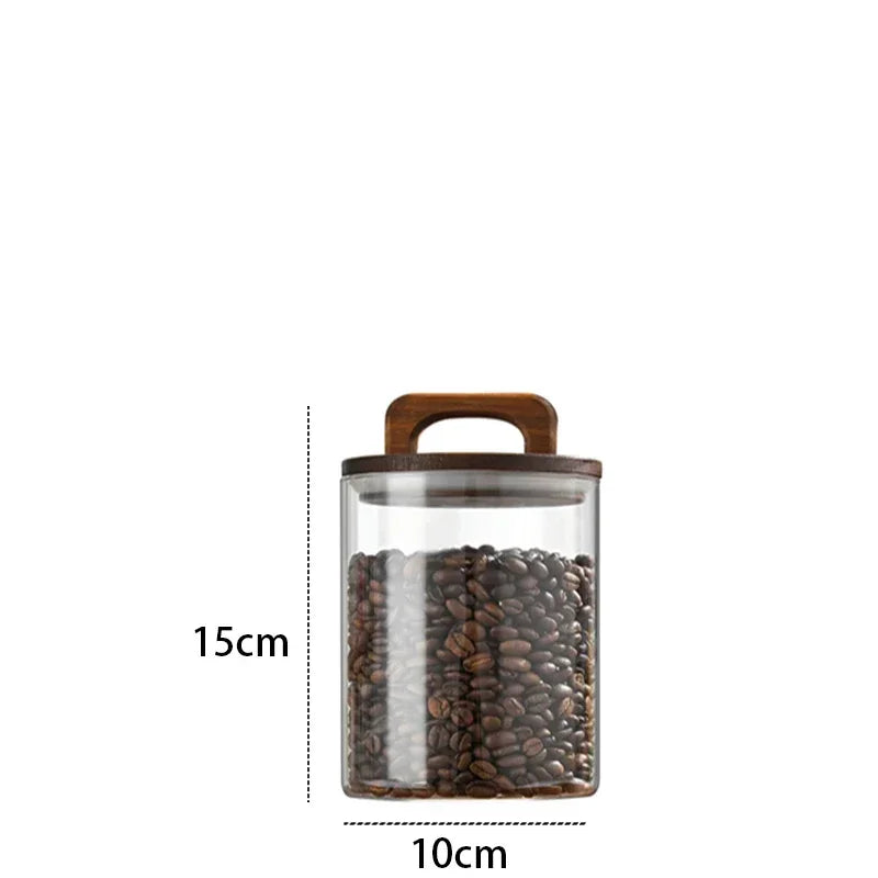 700-2100ml Wood Lid Glass Jar 1pc Airtight Canister Food Container Coffee Beans Kitchen Storage Bottles Sealed Grounds Large Set