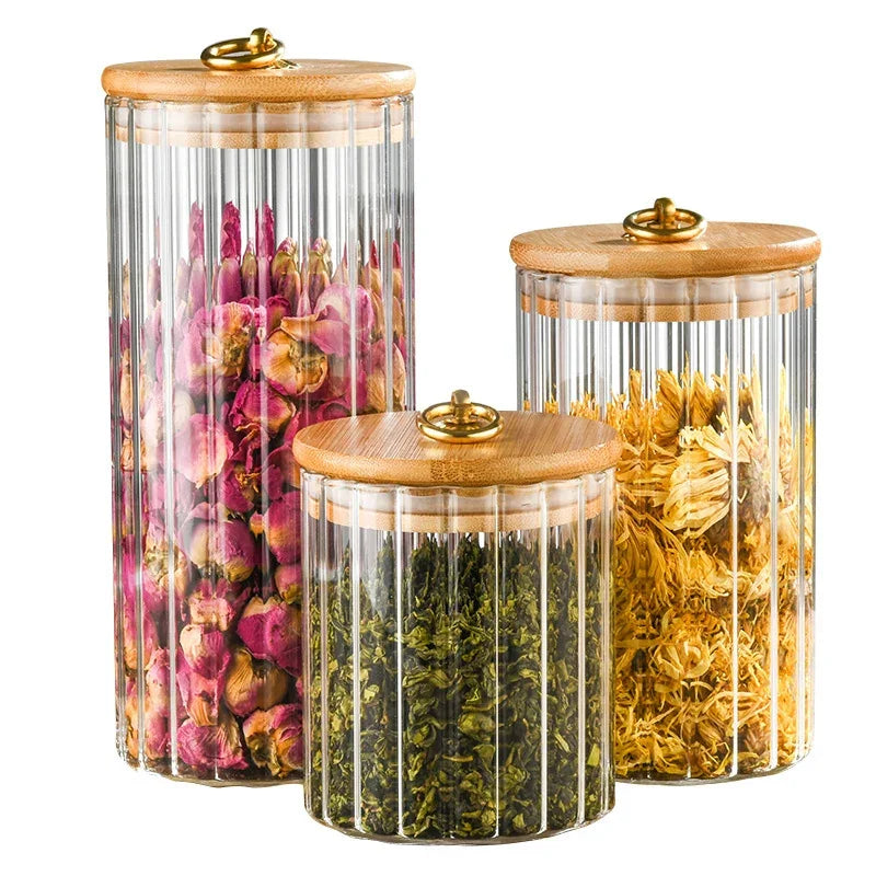 Wood Lid Glass Airtight Canister Kitchen Storage Bottles Jars Food Container Grains Tea Coffee Beans Grains Candy Jar Containers