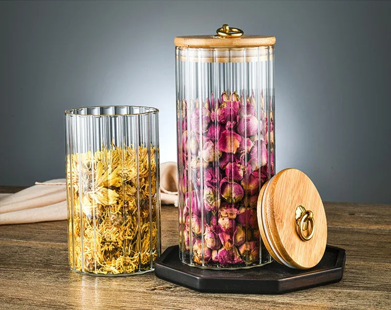 Wood Lid Glass Airtight Canister Kitchen Storage Bottles Jars Food Container Grains Tea Coffee Beans Grains Candy Jar Containers