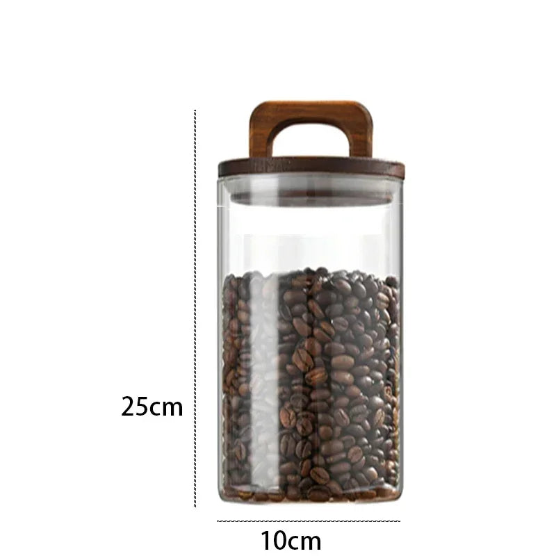 700-2100ml Wood Lid Glass Jar 1pc Airtight Canister Food Container Coffee Beans Kitchen Storage Bottles Sealed Grounds Large Set