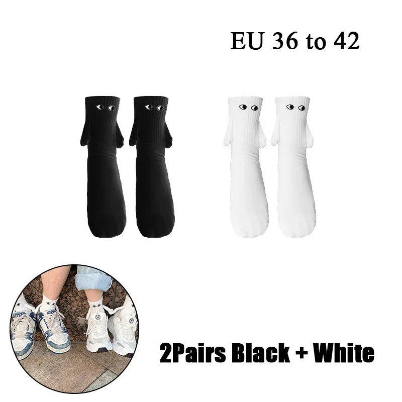 Cat Shop Boys - 2 Pairs Magnetic Socks with Hands Women Men Fashion Black White Funny Cute Cartoon Eyes Couple Mid - tube Socks for Gifts