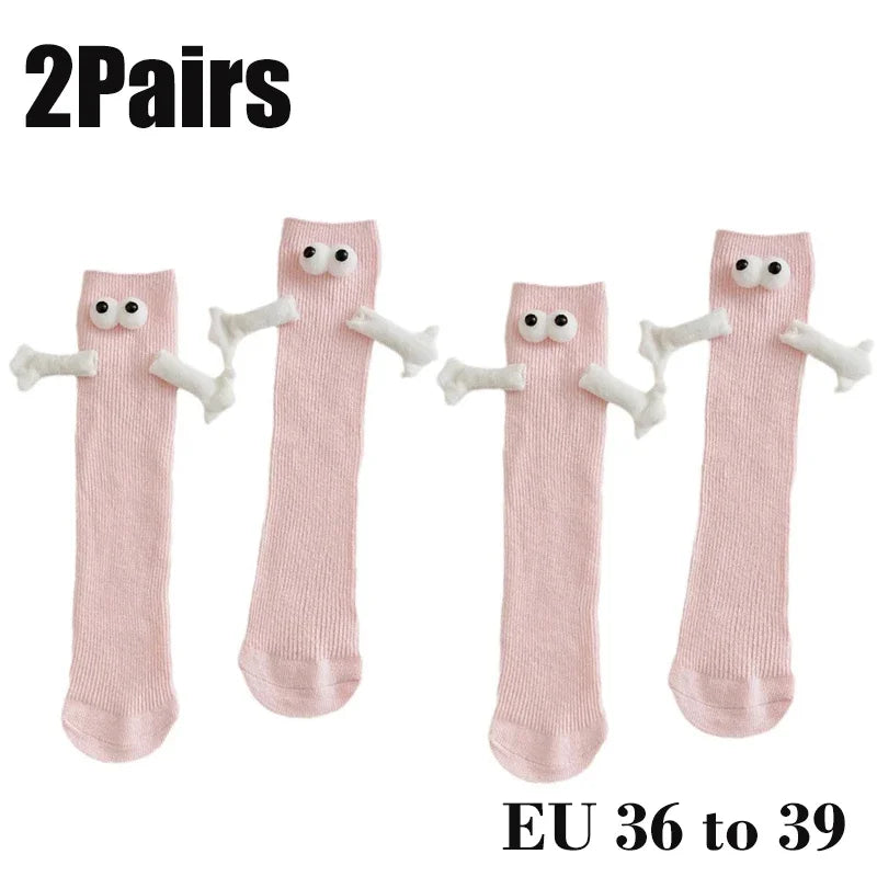 Cat Shop Boys - 2 Pairs Magnetic Socks with Hands Women Men Fashion Black White Funny Cute Cartoon Eyes Couple Mid - tube Socks for Gifts