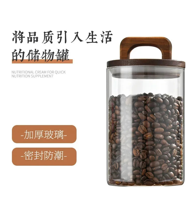 700-2100ml Wood Lid Glass Jar 1pc Airtight Canister Food Container Coffee Beans Kitchen Storage Bottles Sealed Grounds Large Set