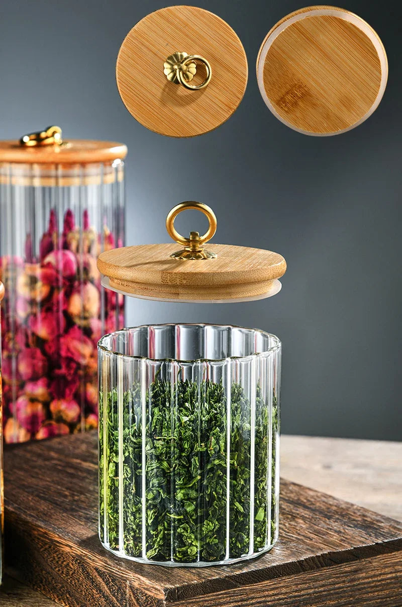 Wood Lid Glass Airtight Canister Kitchen Storage Bottles Jars Food Container Grains Tea Coffee Beans Grains Candy Jar Containers