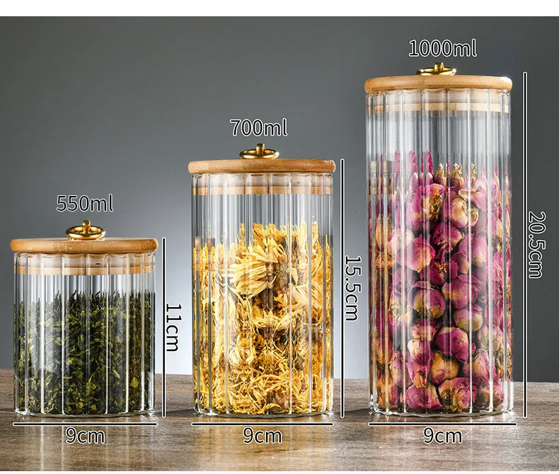 Wood Lid Glass Airtight Canister Kitchen Storage Bottles Jars Food Container Grains Tea Coffee Beans Grains Candy Jar Containers