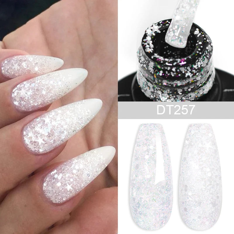 MEET ACROSS 7ml Snowflake White Gel Nail Polish Glitter Snow Sequin Soak Off UV Gel Nail Art Manicure DIY Nail Supplies Varnish