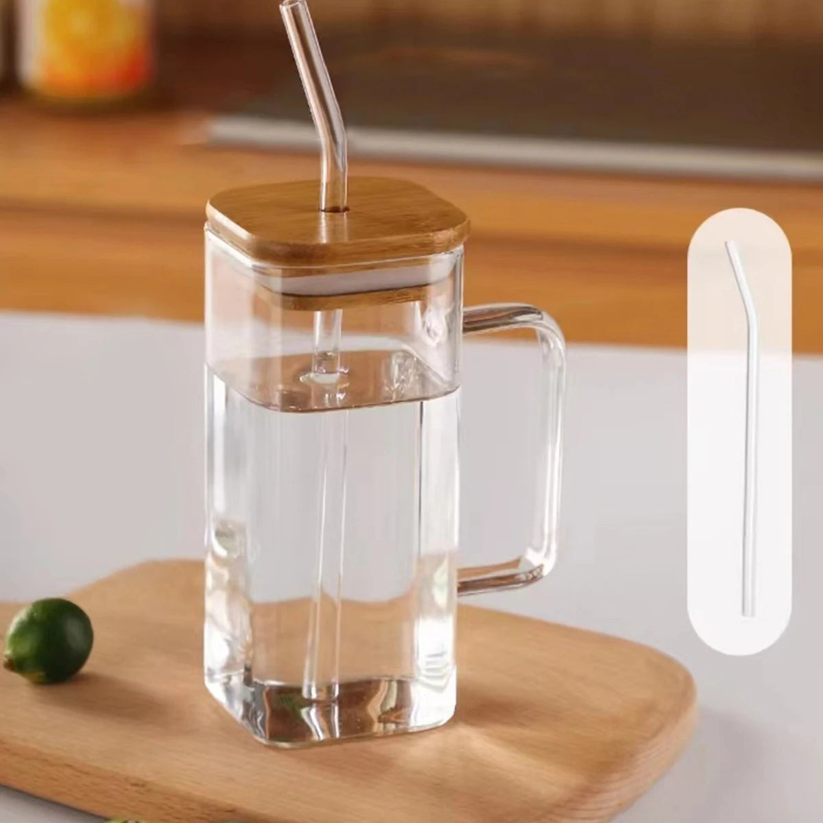 1PC 400ml Square Glass Mug With Lid Straw Heat Resistant Ice Coffee Mug Drinkware Glass