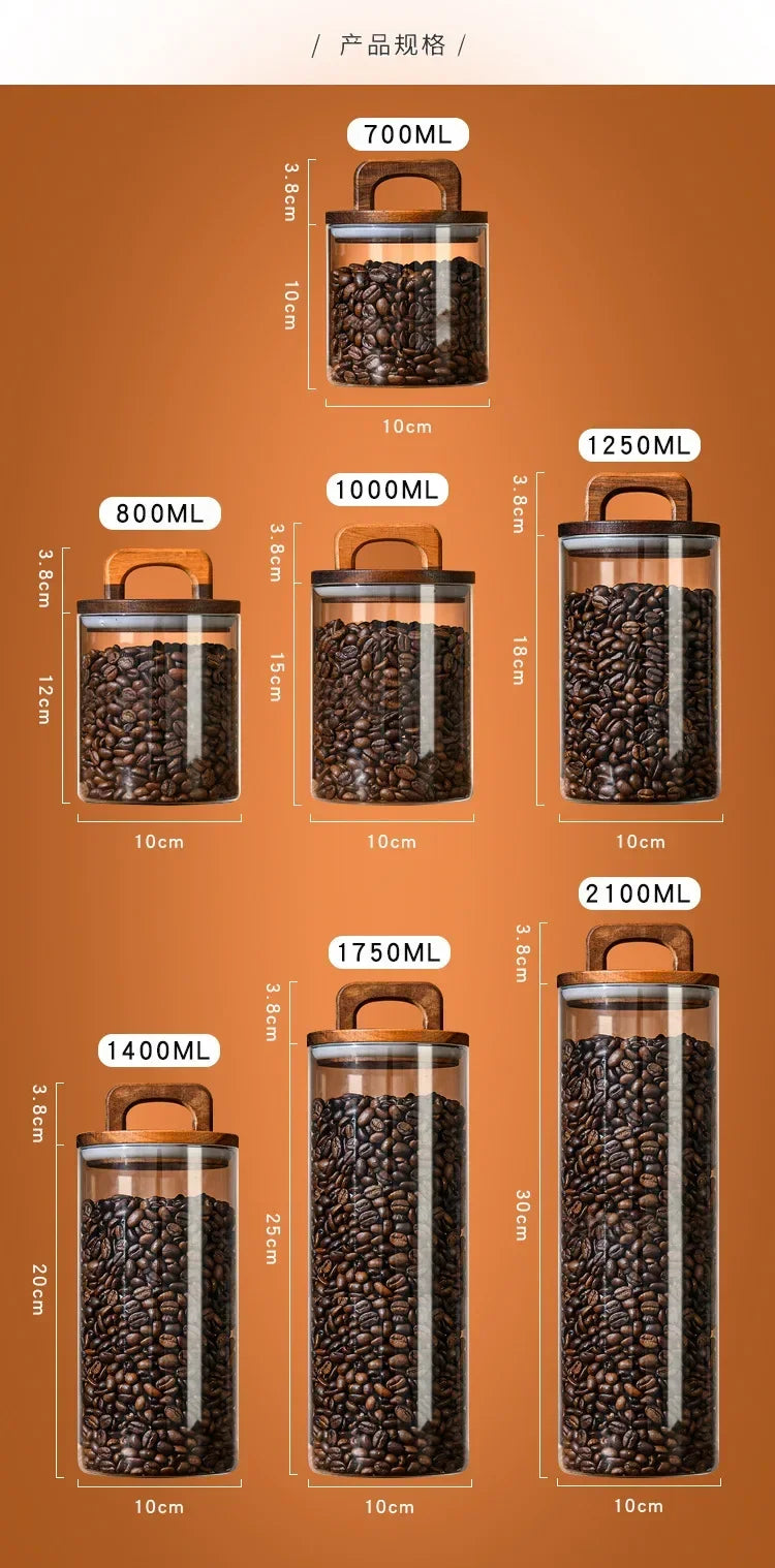 700-2100ml Wood Lid Glass Jar 1pc Airtight Canister Food Container Coffee Beans Kitchen Storage Bottles Sealed Grounds Large Set