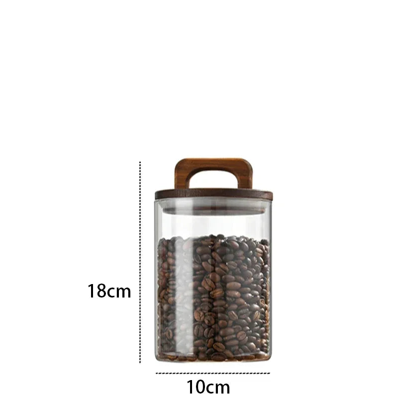 700-2100ml Wood Lid Glass Jar 1pc Airtight Canister Food Container Coffee Beans Kitchen Storage Bottles Sealed Grounds Large Set