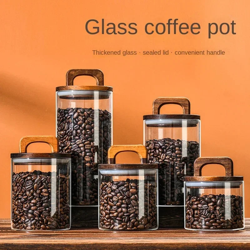 700-2100ml Wood Lid Glass Jar 1pc Airtight Canister Food Container Coffee Beans Kitchen Storage Bottles Sealed Grounds Large Set