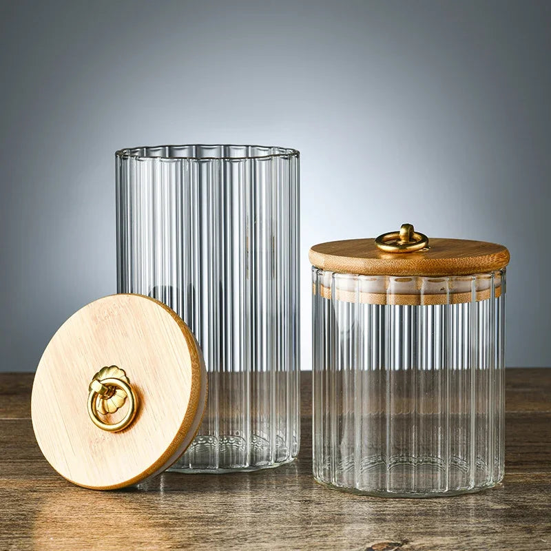 Wood Lid Glass Airtight Canister Kitchen Storage Bottles Jars Food Container Grains Tea Coffee Beans Grains Candy Jar Containers